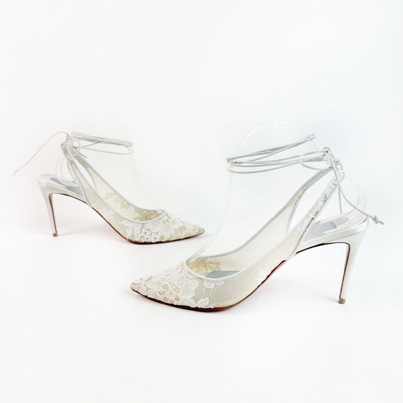 CHRISTIAN LOUBOUTIN White Kate Lace Pumps Size 38 US 8 Lace Up Satin Trim Heels - Picture 4 of 15